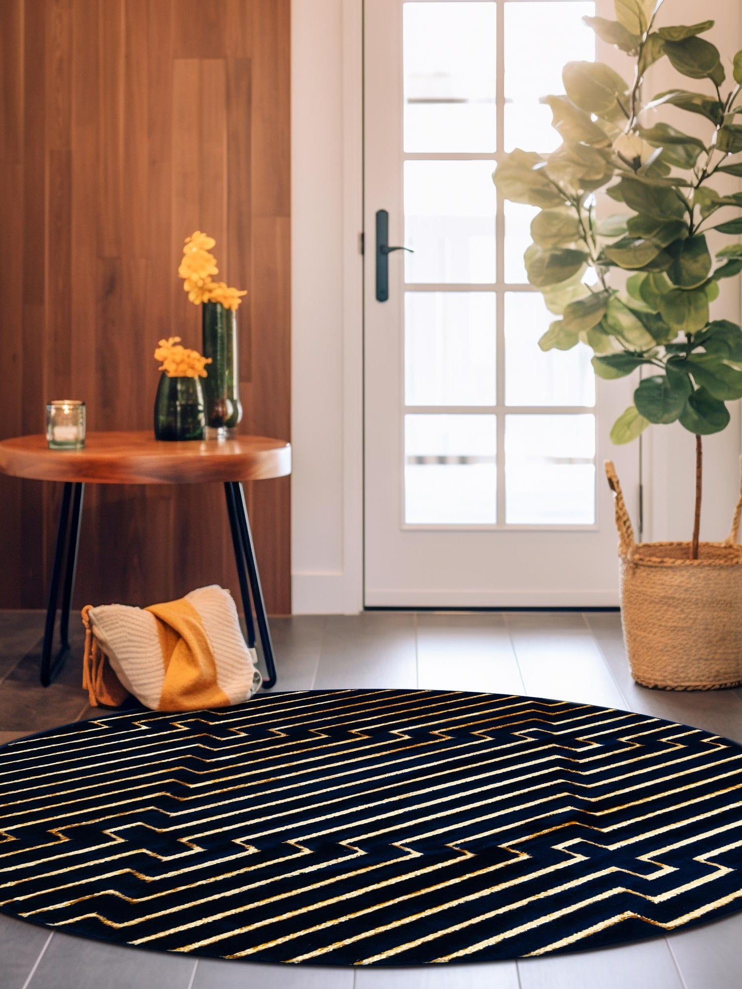 Navy Blue and Gold 6' 1 x 6' 1 Vogue Geo Round Area Rug Geometric Glam Style Shiny Accents Carpet Mat for Unique Interior Design & Home Decor for Sale at Rug Engine