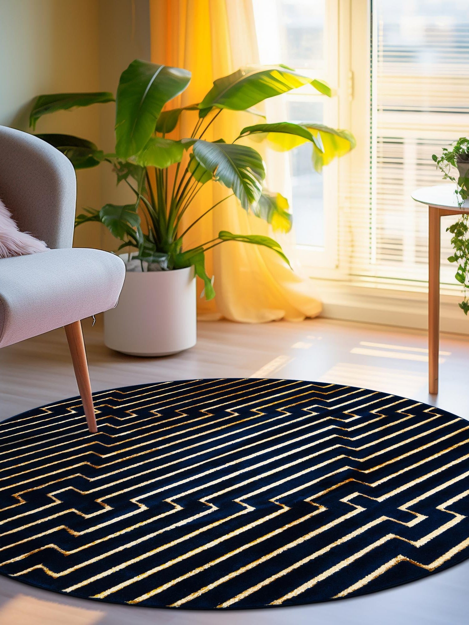 Navy Blue and Gold 3' 1 x 3' 1 Vogue Geo Round Area Rug Geometric Glam Style Shiny Accents Carpet Mat for Unique Interior Design & Home Decor for Sale at Rug Engine