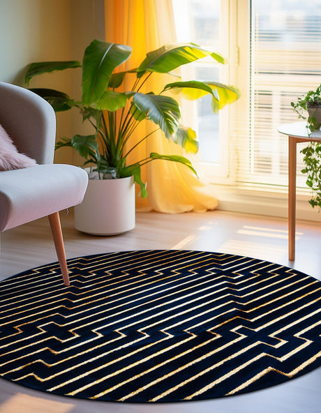 Navy Blue and Gold 3' 1 x 3' 1 Vogue Geo Round Area Rug Geometric Glam Style Shiny Accents Carpet Mat for Unique Interior Design & Home Decor for Sale at Rug Engine