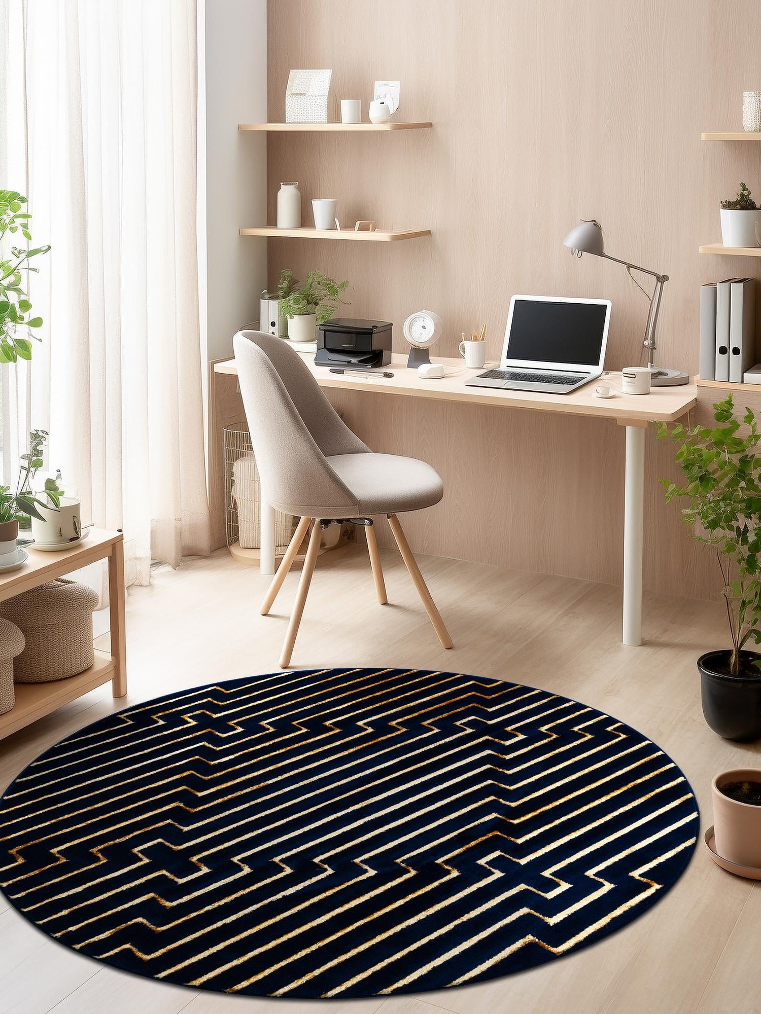 Navy Blue and Gold 6' 1 x 6' 1 Vogue Geo Round Area Rug Geometric Glam Style Shiny Accents Carpet Mat for Unique Interior Design & Home Decor for Sale at Rug Engine