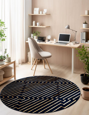 Navy Blue and Gold 3' 1 x 3' 1 Vogue Geo Round Area Rug Geometric Glam Style Shiny Accents Carpet Mat for Unique Interior Design & Home Decor for Sale at Rug Engine