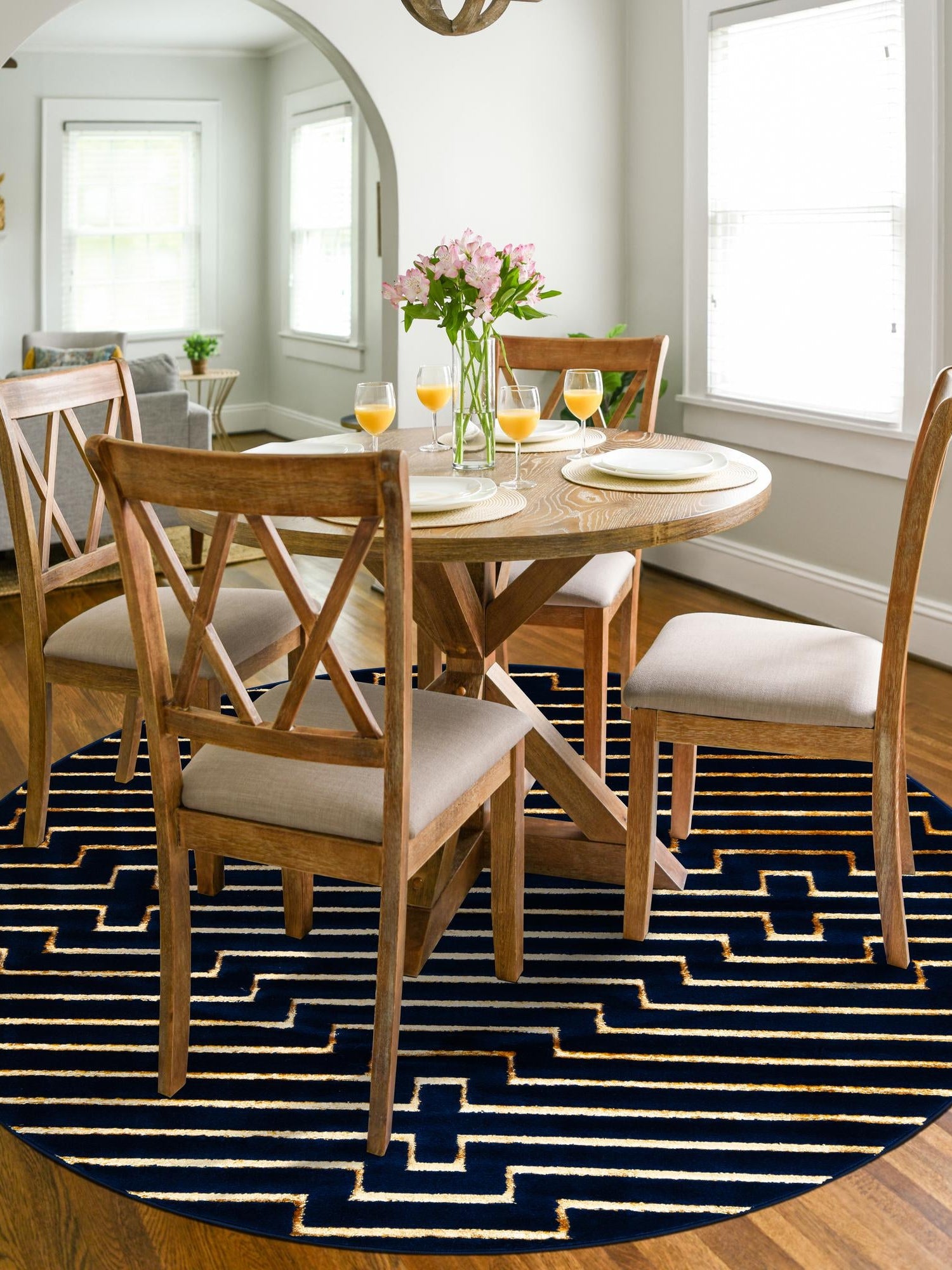 Navy Blue and Gold 7' 10 x 7' 10 Vogue Geo Round Area Rug Geometric Glam Style Shiny Accents Carpet Mat for Unique Interior Design & Home Decor for Sale at Rug Engine