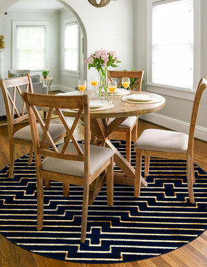 Navy Blue and Gold 7' 10 x 7' 10 Vogue Geo Round Area Rug Geometric Glam Style Shiny Accents Carpet Mat for Unique Interior Design & Home Decor for Sale at Rug Engine