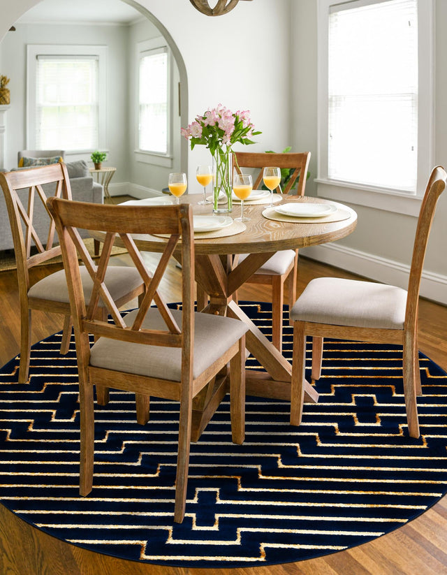 Navy Blue and Gold 7' 10 x 7' 10 Vogue Geo Round Area Rug Geometric Glam Style Shiny Accents Carpet Mat for Unique Interior Design & Home Decor for Sale at Rug Engine