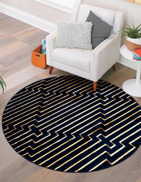 Navy Blue and Gold 10' x 10' Vogue Geo Round Area Rug Geometric Glam Style Shiny Accents Carpet Mat for Unique Interior Design & Home Decor for Sale at Rug Engine