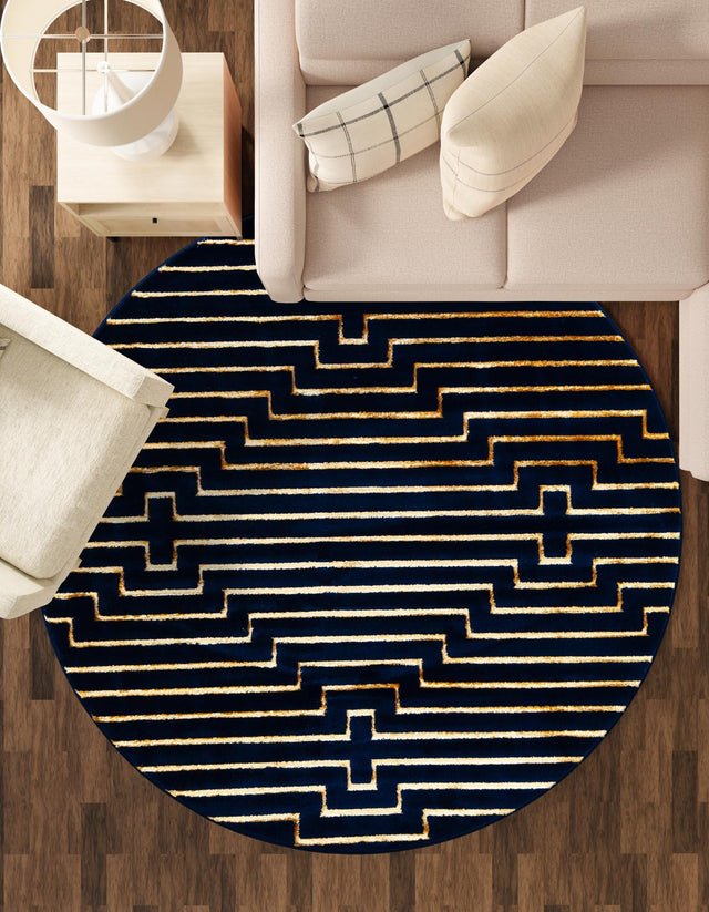 Navy Blue and Gold 10' x 10' Vogue Geo Round Area Rug Geometric Glam Style Shiny Accents Carpet Mat for Unique Interior Design & Home Decor for Sale at Rug Engine