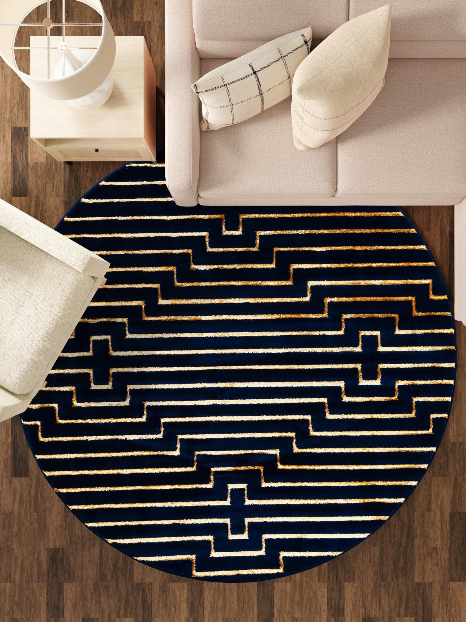 Navy Blue and Gold 7' 10 x 7' 10 Vogue Geo Round Area Rug Geometric Glam Style Shiny Accents Carpet Mat for Unique Interior Design & Home Decor for Sale at Rug Engine