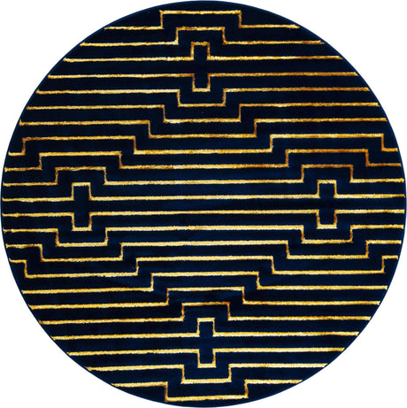 Navy Blue and Gold 6' 1 x 6' 1 Vogue Geo Round Area Rug Geometric Glam Style Shiny Accents Carpet Mat for Unique Interior Design & Home Decor for Sale at Rug Engine