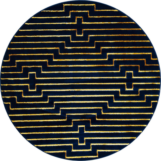 Navy Blue and Gold 6' 1 x 6' 1 Vogue Geo Round Area Rug Geometric Glam Style Shiny Accents Carpet Mat for Unique Interior Design & Home Decor for Sale at Rug Engine