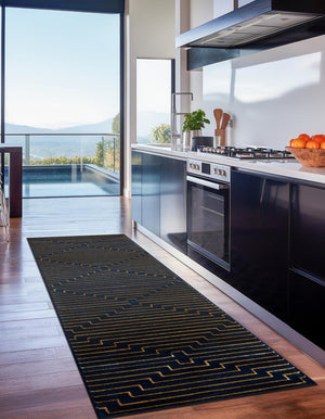 Navy Blue and Gold 2' x 5' 1 Vogue Geo Runner Area Rug Geometric Glam Style Shiny Accents Carpet Mat for Unique Interior Design & Home Decor for Sale at Rug Engine