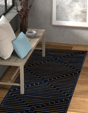 Navy Blue and Gold 2' x 5' 1 Vogue Geo Runner Area Rug Geometric Glam Style Shiny Accents Carpet Mat for Unique Interior Design & Home Decor for Sale at Rug Engine