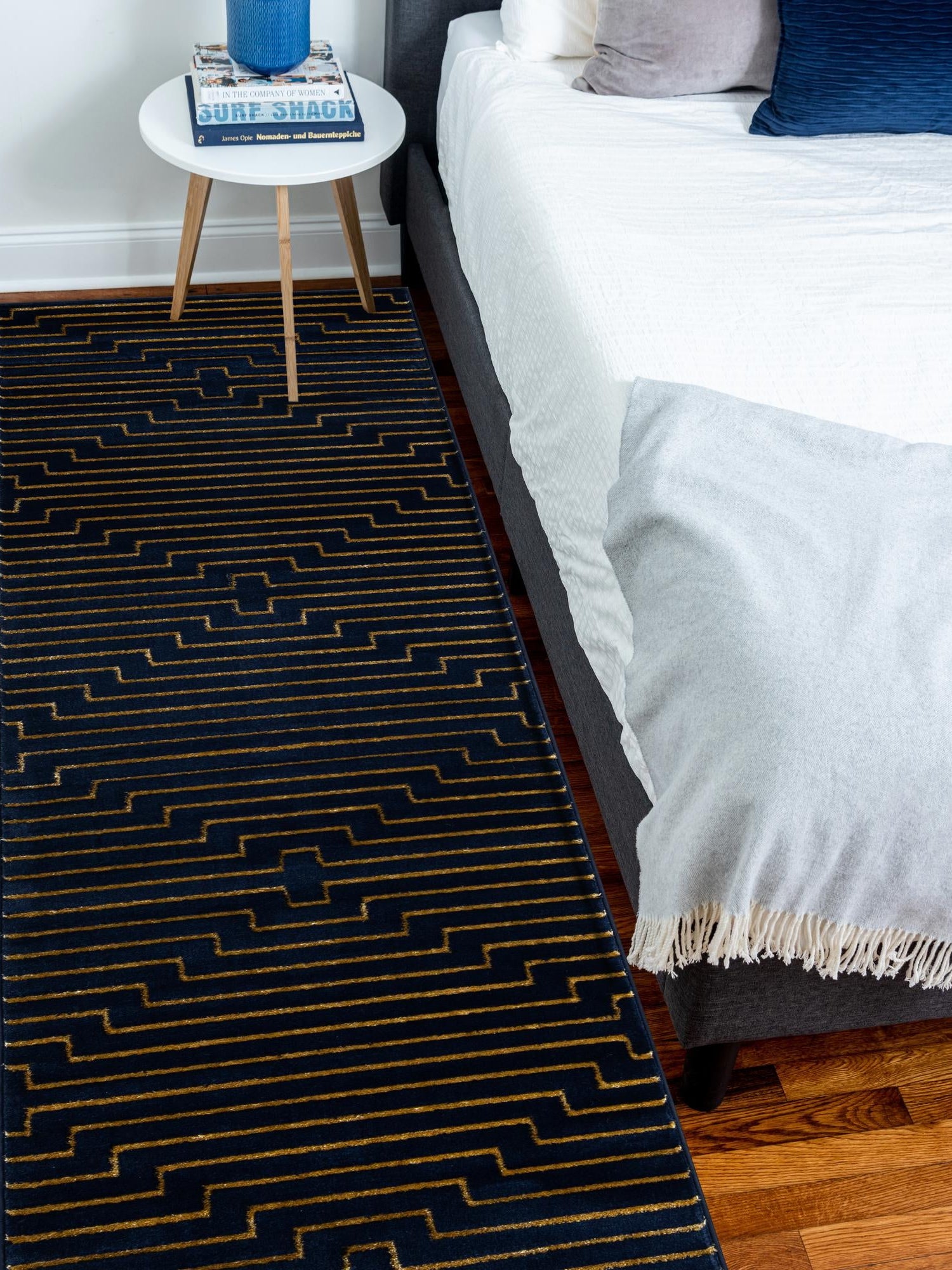 Navy Blue and Gold 2' 7 x 12' Vogue Geo Runner Area Rug Geometric Glam Style Shiny Accents Carpet Mat for Unique Interior Design & Home Decor for Sale at Rug Engine