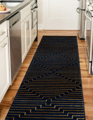 Navy Blue and Gold 2' x 5' 1 Vogue Geo Runner Area Rug Geometric Glam Style Shiny Accents Carpet Mat for Unique Interior Design & Home Decor for Sale at Rug Engine