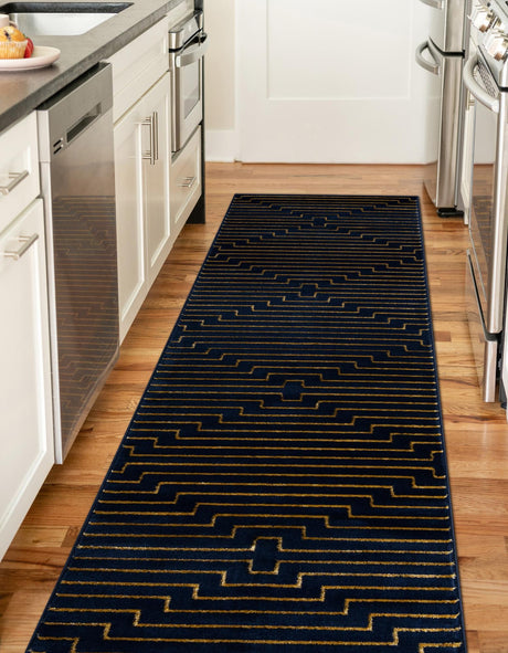Navy Blue and Gold 2' x 5' 1 Vogue Geo Runner Area Rug Geometric Glam Style Shiny Accents Carpet Mat for Unique Interior Design & Home Decor for Sale at Rug Engine