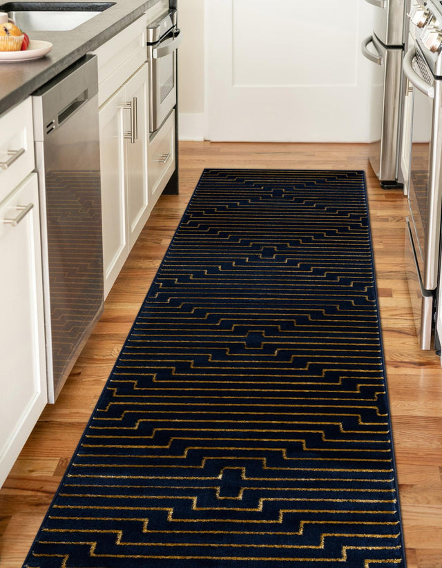 Navy Blue and Gold 2' x 5' 1 Vogue Geo Runner Area Rug Geometric Glam Style Shiny Accents Carpet Mat for Unique Interior Design & Home Decor for Sale at Rug Engine