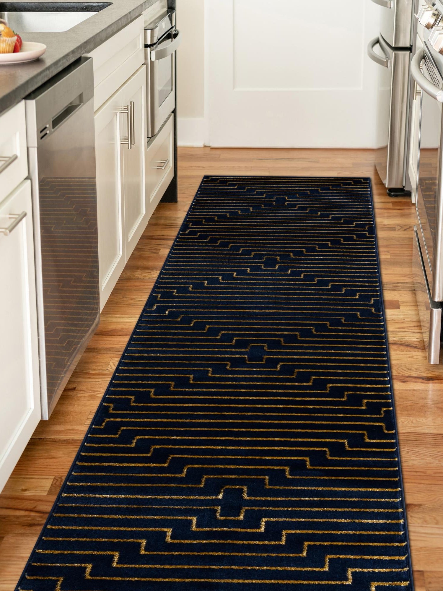 Navy Blue and Gold 2' x 8' Vogue Geo Runner Area Rug Geometric Glam Style Shiny Accents Carpet Mat for Unique Interior Design & Home Decor for Sale at Rug Engine