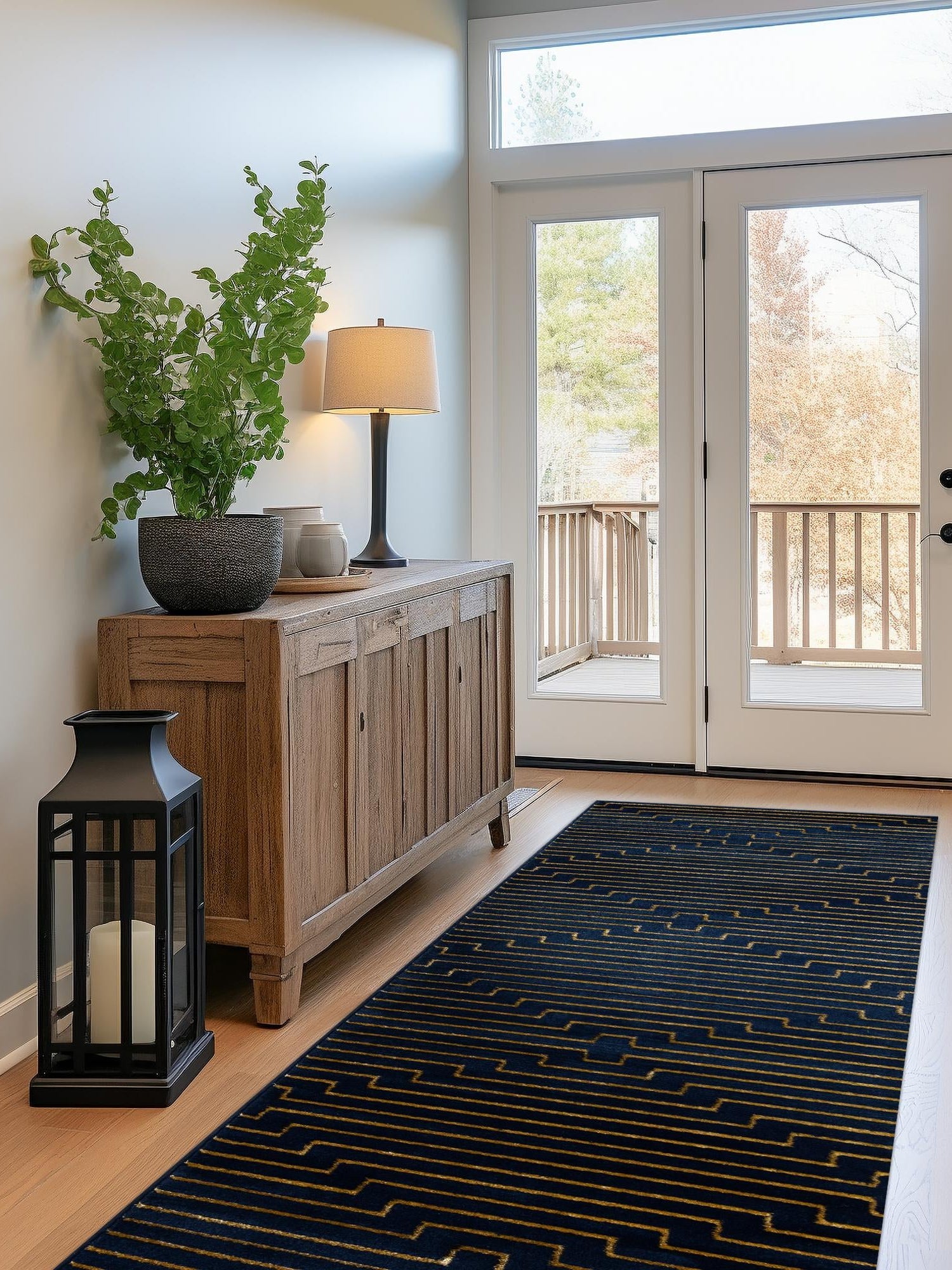 Navy Blue and Gold 2' x 6' 1 Vogue Geo Runner Area Rug Geometric Glam Style Shiny Accents Carpet Mat for Unique Interior Design & Home Decor for Sale at Rug Engine