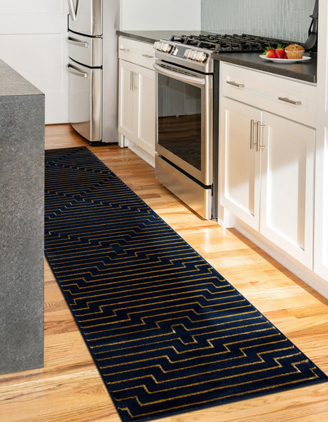 Navy Blue and Gold 2' x 5' 1 Vogue Geo Runner Area Rug Geometric Glam Style Shiny Accents Carpet Mat for Unique Interior Design & Home Decor for Sale at Rug Engine