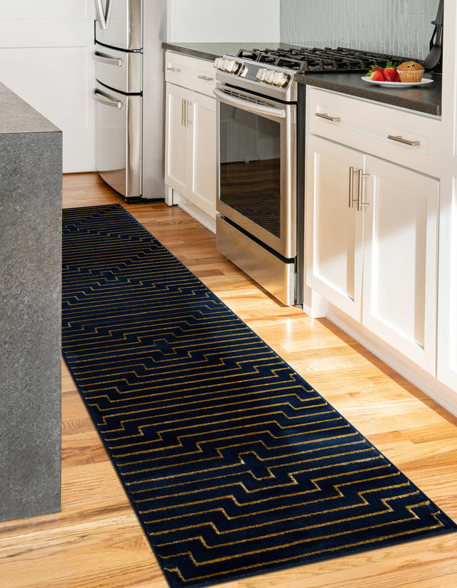 Navy Blue and Gold 2' x 5' 1 Vogue Geo Runner Area Rug Geometric Glam Style Shiny Accents Carpet Mat for Unique Interior Design & Home Decor for Sale at Rug Engine