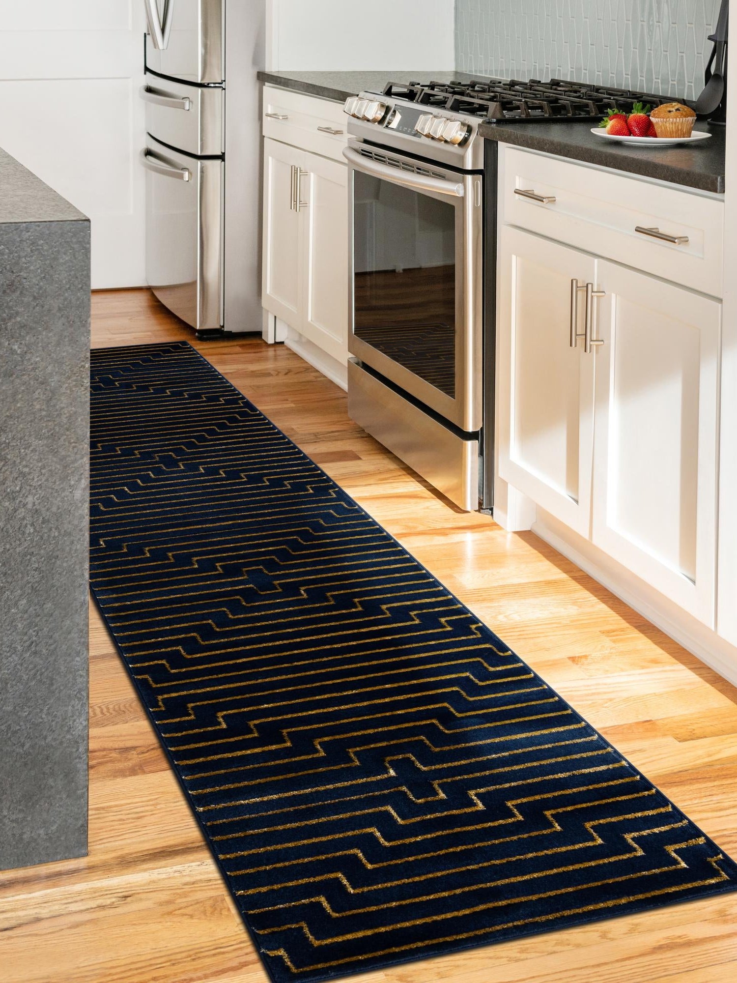 Navy Blue and Gold 2' x 6' 1 Vogue Geo Runner Area Rug Geometric Glam Style Shiny Accents Carpet Mat for Unique Interior Design & Home Decor for Sale at Rug Engine