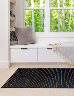 Navy Blue and Gold 2' x 5' 1 Vogue Geo Runner Area Rug Geometric Glam Style Shiny Accents Carpet Mat for Unique Interior Design & Home Decor for Sale at Rug Engine