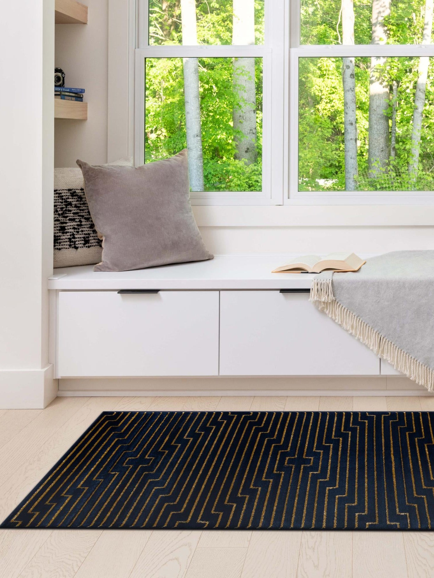 Navy Blue and Gold 2' 7 x 12' Vogue Geo Runner Area Rug Geometric Glam Style Shiny Accents Carpet Mat for Unique Interior Design & Home Decor for Sale at Rug Engine
