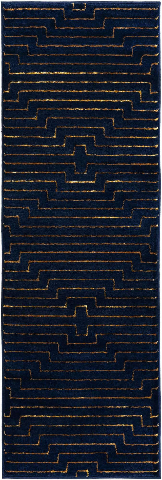 Navy Blue and Gold 2' x 6' 1 Vogue Geo Runner Area Rug Geometric Glam Style Shiny Accents Carpet Mat for Unique Interior Design & Home Decor for Sale at Rug Engine