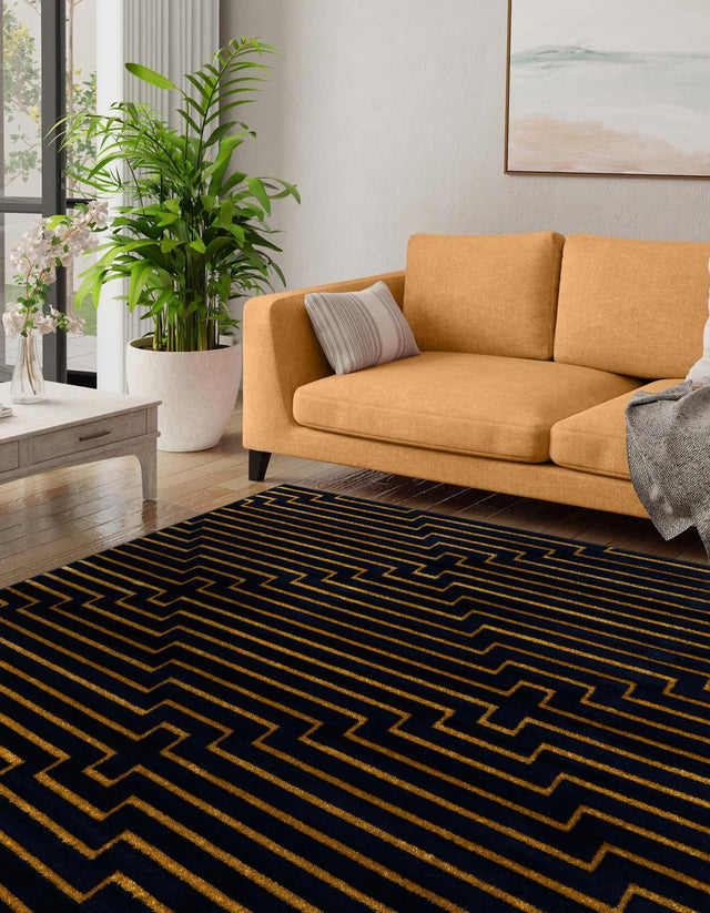 Navy Blue and Gold 10' x 10' Vogue Geo Square Area Rug Geometric Glam Style Shiny Accents Carpet Mat for Unique Interior Design & Home Decor for Sale at Rug Engine