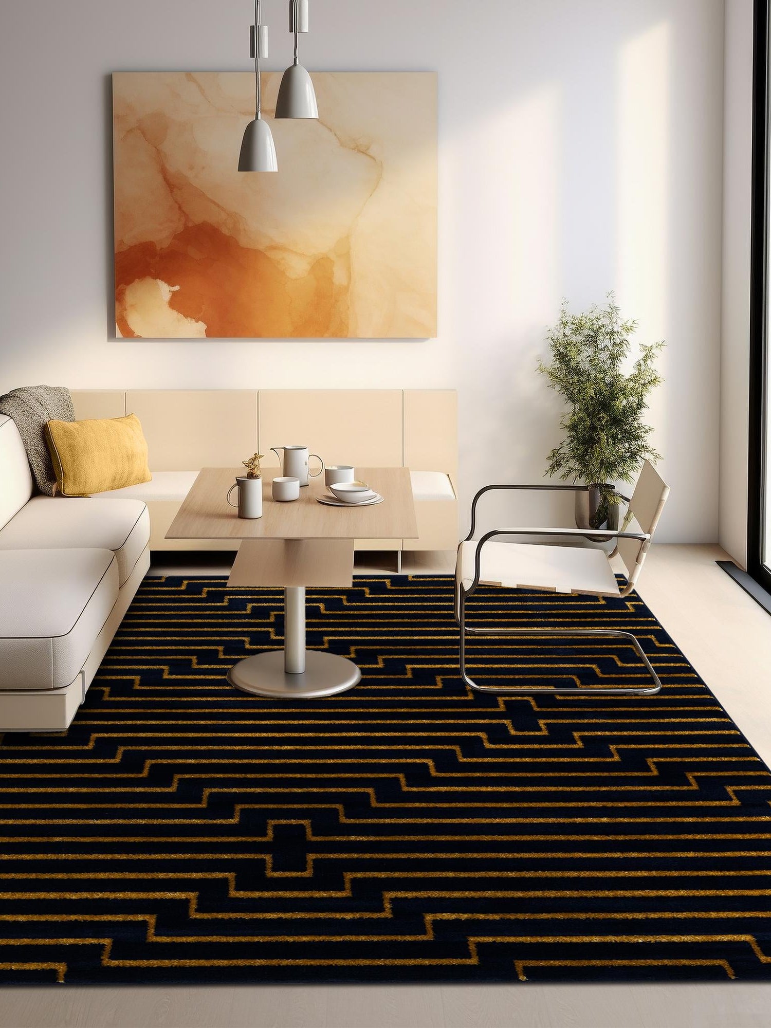 Navy Blue and Gold 7' 10 x 7' 10 Vogue Geo Square Area Rug Geometric Glam Style Shiny Accents Carpet Mat for Unique Interior Design & Home Decor for Sale at Rug Engine