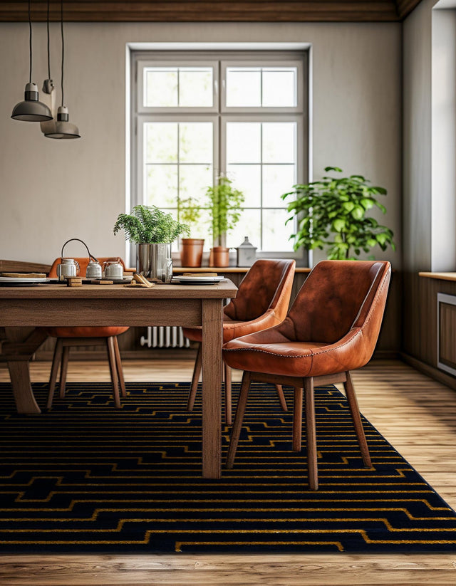 Navy Blue and Gold 7' 10 x 7' 10 Vogue Geo Square Area Rug Geometric Glam Style Shiny Accents Carpet Mat for Unique Interior Design & Home Decor for Sale at Rug Engine