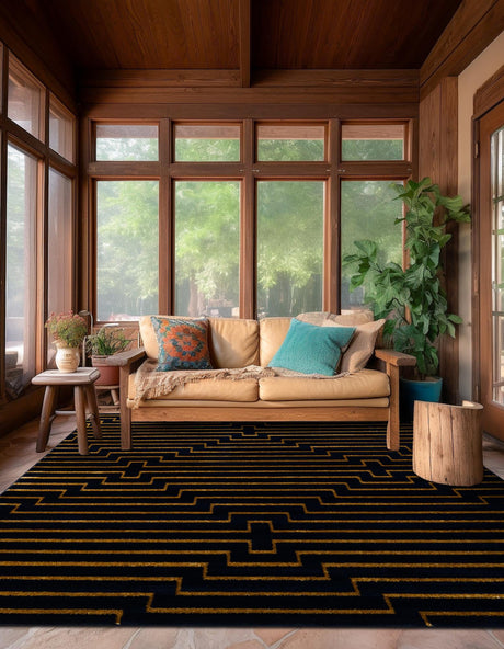 Navy Blue and Gold 7' 10 x 7' 10 Vogue Geo Square Area Rug Geometric Glam Style Shiny Accents Carpet Mat for Unique Interior Design & Home Decor for Sale at Rug Engine