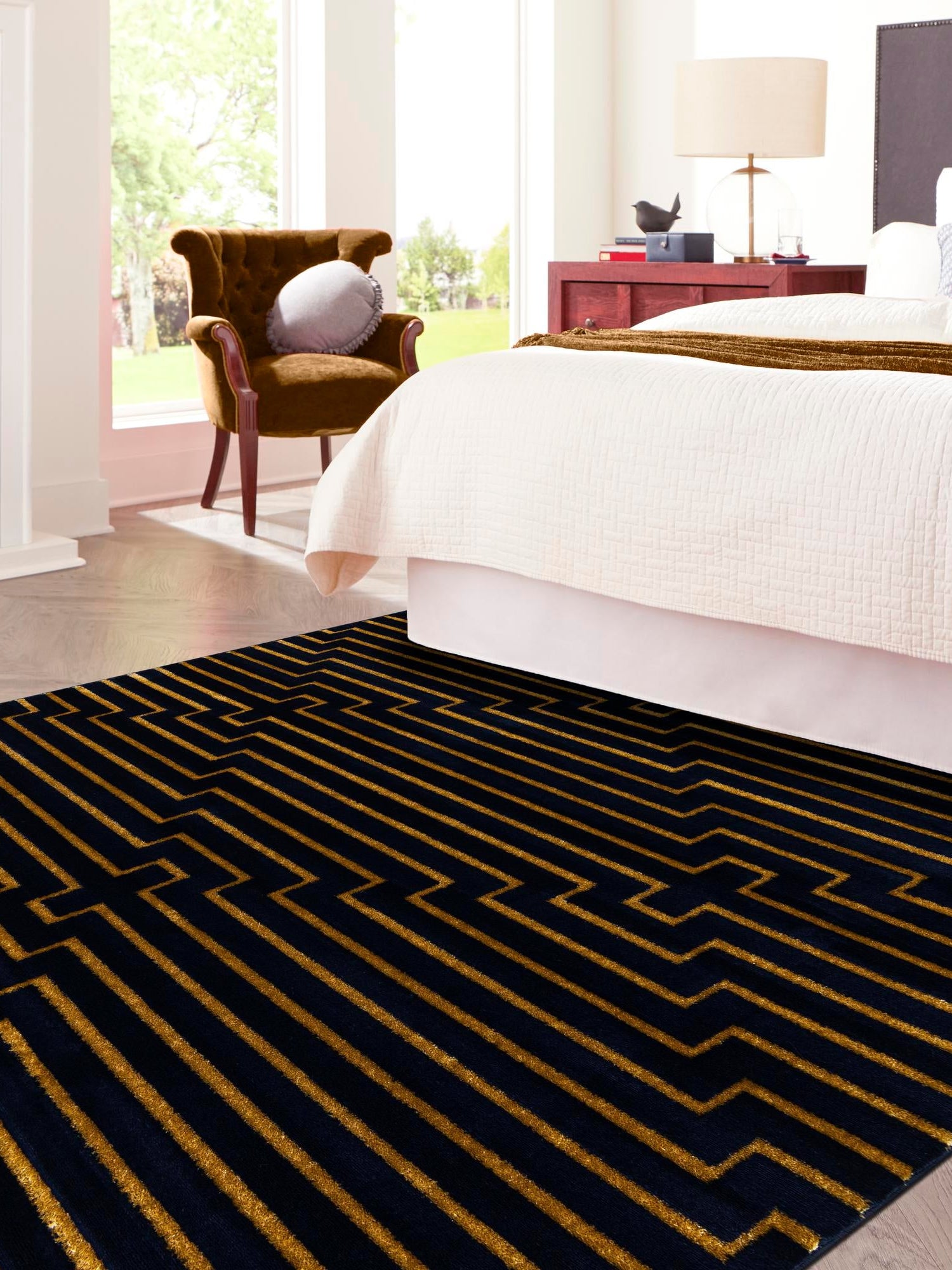 Navy Blue and Gold 7' 10 x 7' 10 Vogue Geo Square Area Rug Geometric Glam Style Shiny Accents Carpet Mat for Unique Interior Design & Home Decor for Sale at Rug Engine
