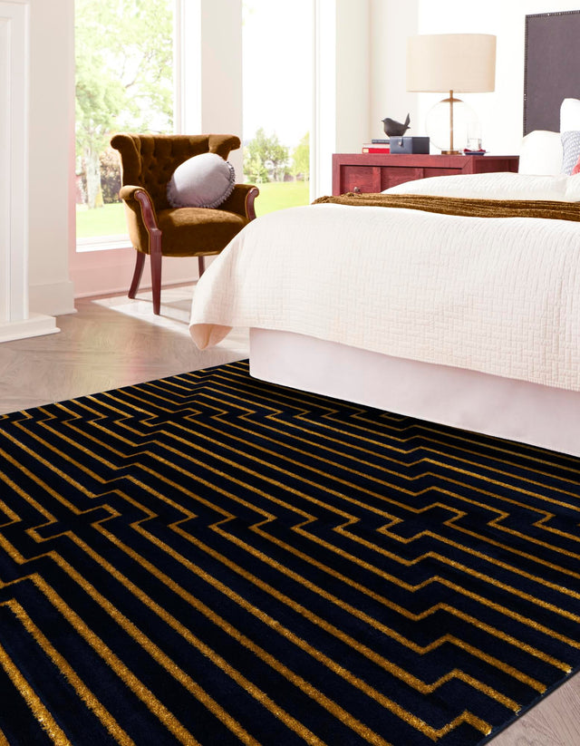 Navy Blue and Gold 7' 10 x 7' 10 Vogue Geo Square Area Rug Geometric Glam Style Shiny Accents Carpet Mat for Unique Interior Design & Home Decor for Sale at Rug Engine