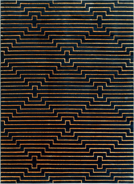Navy Blue and Gold 9' x 12' Vogue Geo Rectangle Area Rug Geometric Glam Style Shiny Accents Carpet Mat for Unique Interior Design & Home Decor for Sale at Rug Engine