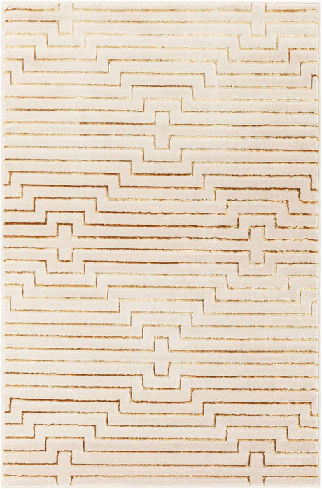 White and Gold 4' 1 x 6' 1 Vogue Geo Rectangle Area Rug Geometric Glam Style Shiny Accents Carpet Mat for Unique Interior Design & Home Decor for Sale at Rug Engine
