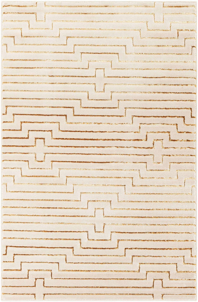 White and Gold 4' 1 x 6' 1 Vogue Geo Rectangle Area Rug Geometric Glam Style Shiny Accents Carpet Mat for Unique Interior Design & Home Decor for Sale at Rug Engine
