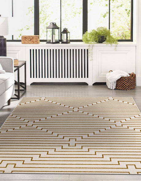 White and Gold 4' 1 x 6' 1 Vogue Geo Rectangle Area Rug Geometric Glam Style Shiny Accents Carpet Mat for Unique Interior Design & Home Decor for Sale at Rug Engine