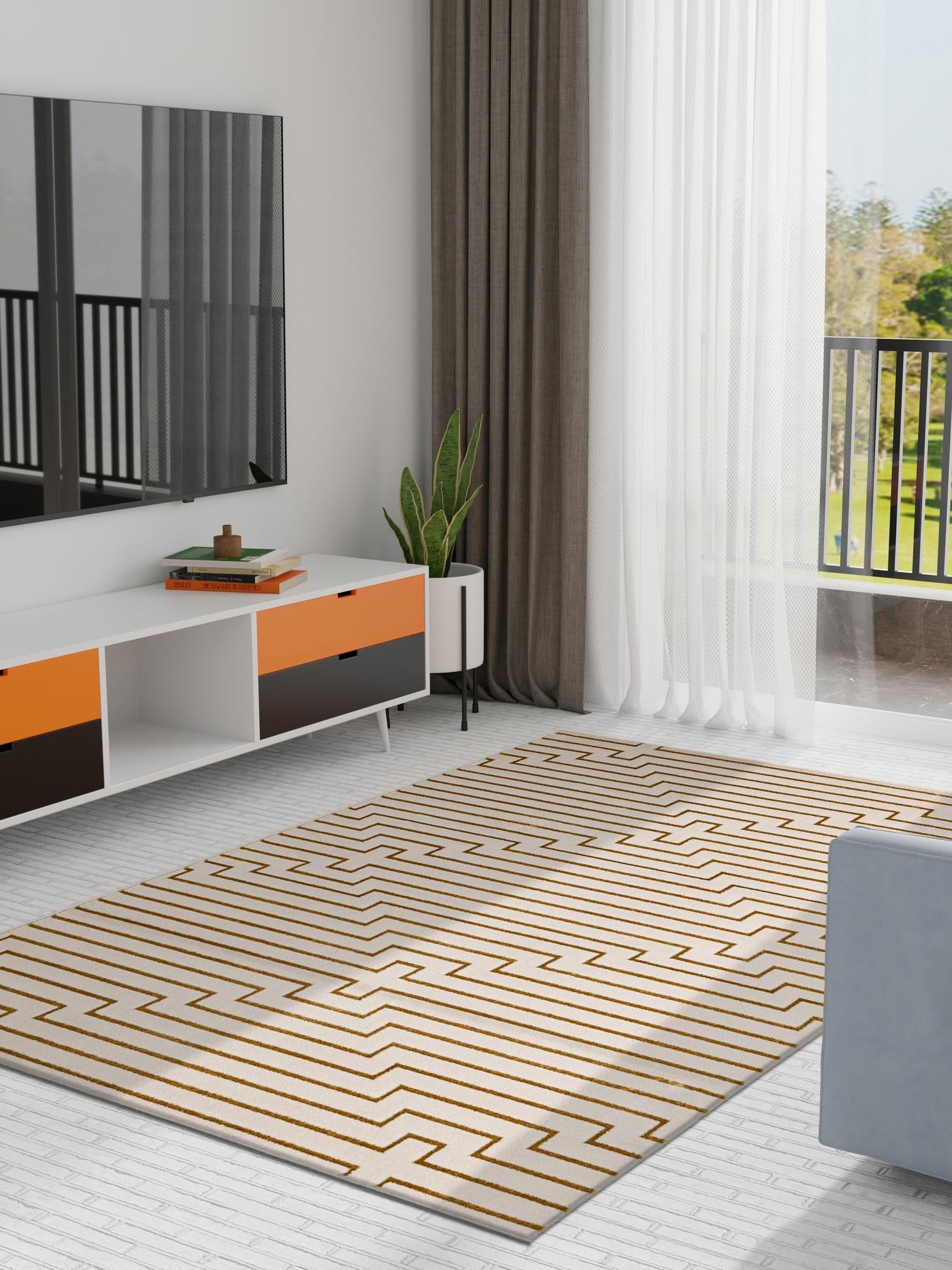 White and Gold 5' 3 x 7' 1 Vogue Geo Rectangle Area Rug Geometric Glam Style Shiny Accents Carpet Mat for Unique Interior Design & Home Decor for Sale at Rug Engine