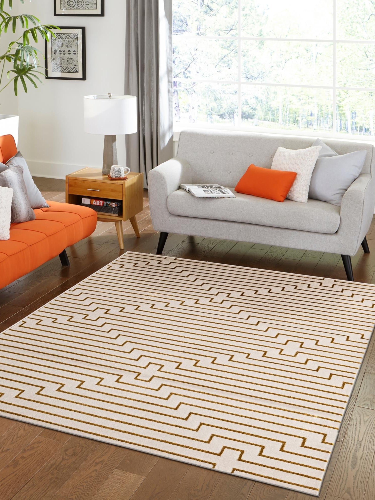 White and Gold 4' 1 x 6' 1 Vogue Geo Rectangle Area Rug Geometric Glam Style Shiny Accents Carpet Mat for Unique Interior Design & Home Decor for Sale at Rug Engine
