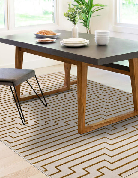 White and Gold 4' 1 x 6' 1 Vogue Geo Rectangle Area Rug Geometric Glam Style Shiny Accents Carpet Mat for Unique Interior Design & Home Decor for Sale at Rug Engine