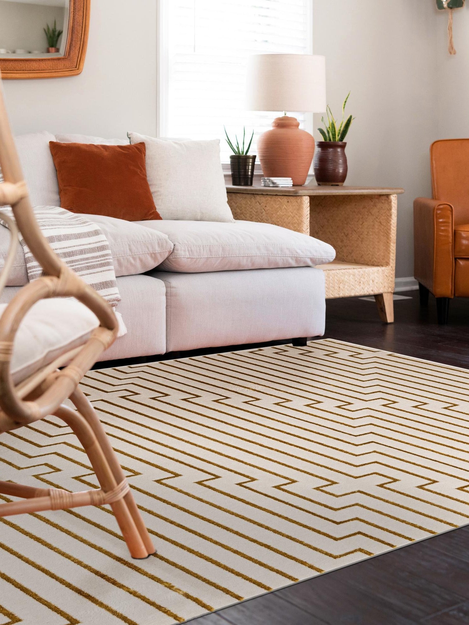 White and Gold 4' 1 x 6' 1 Vogue Geo Rectangle Area Rug Geometric Glam Style Shiny Accents Carpet Mat for Unique Interior Design & Home Decor for Sale at Rug Engine