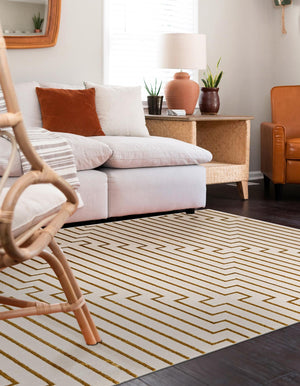 White and Gold 9' x 12' Vogue Geo Rectangle Area Rug Geometric Glam Style Shiny Accents Carpet Mat for Unique Interior Design & Home Decor for Sale at Rug Engine