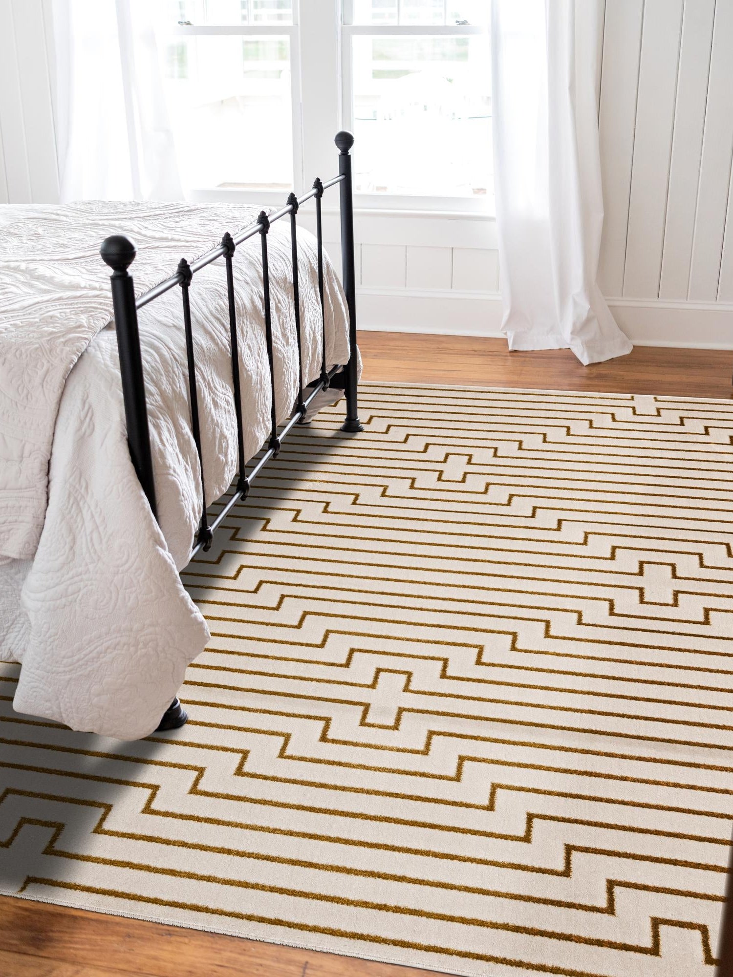 White and Gold 9' x 12' Vogue Geo Rectangle Area Rug Geometric Glam Style Shiny Accents Carpet Mat for Unique Interior Design & Home Decor for Sale at Rug Engine