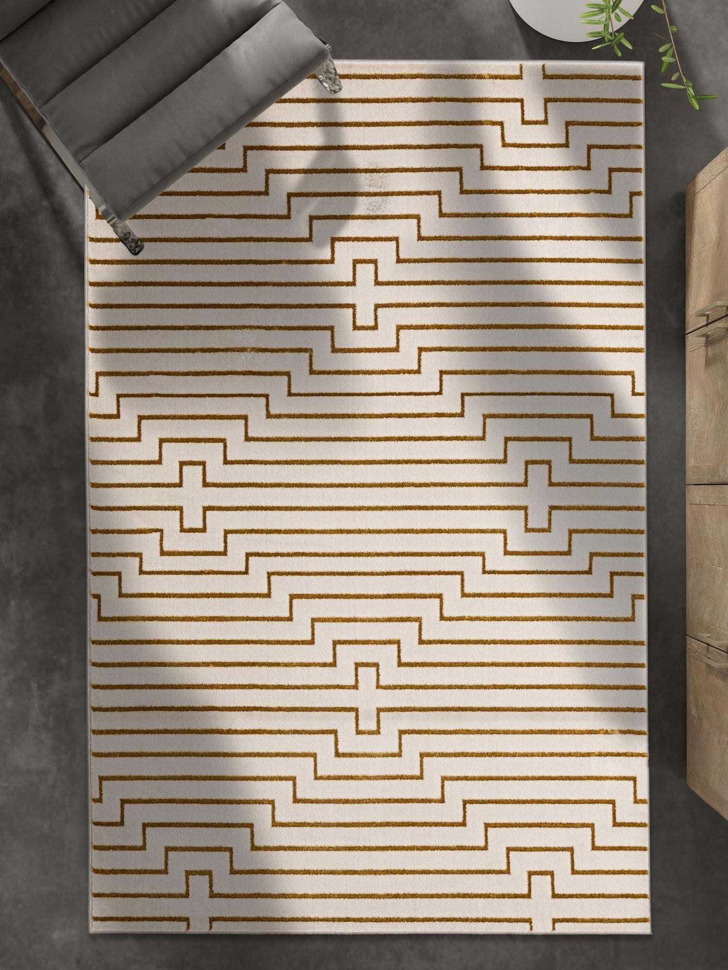 White and Gold 4' 1 x 6' 1 Vogue Geo Rectangle Area Rug Geometric Glam Style Shiny Accents Carpet Mat for Unique Interior Design & Home Decor for Sale at Rug Engine