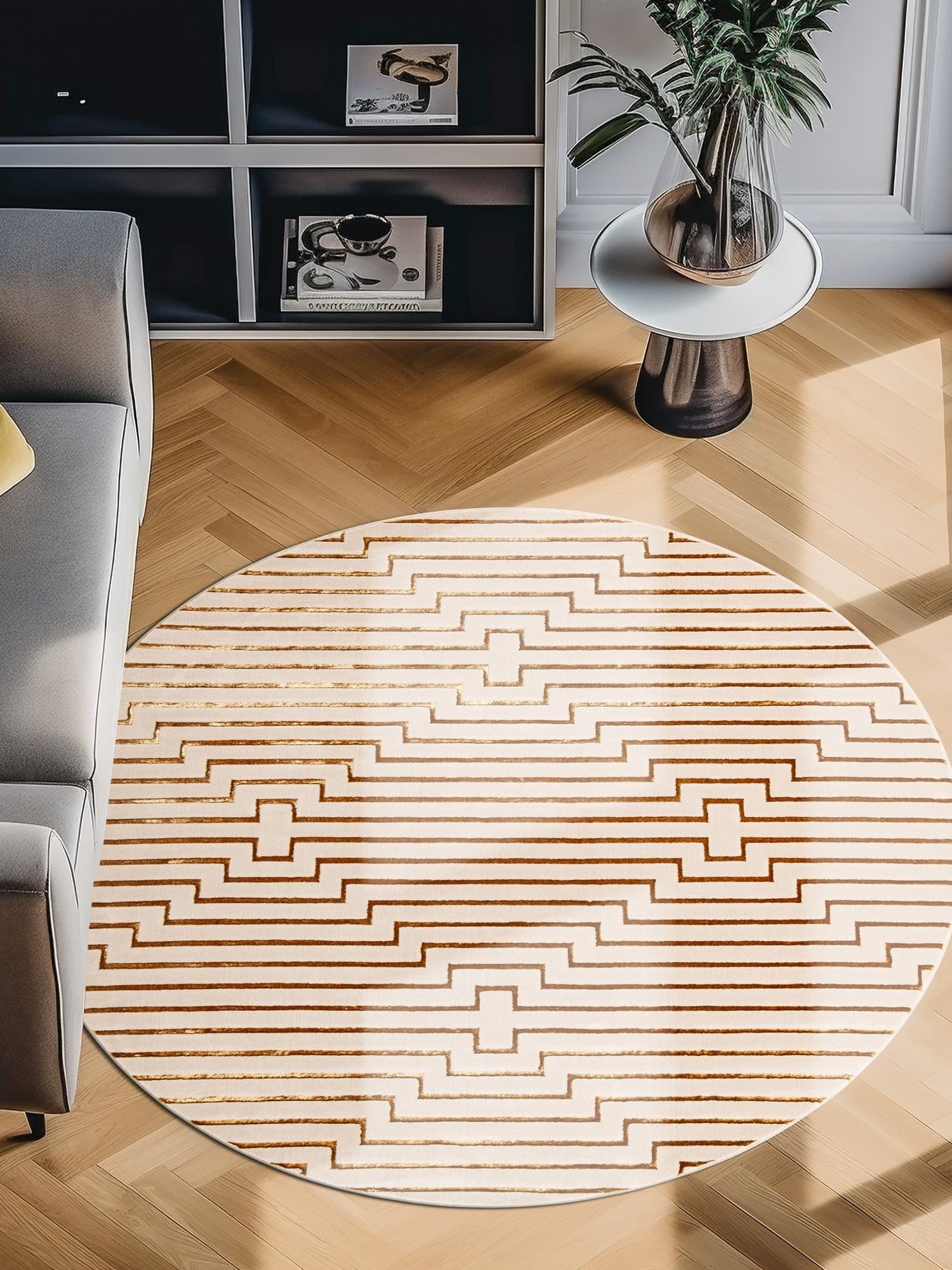 White and Gold 7' 10 x 7' 10 Vogue Geo Round Area Rug Geometric Glam Style Shiny Accents Carpet Mat for Unique Interior Design & Home Decor for Sale at Rug Engine