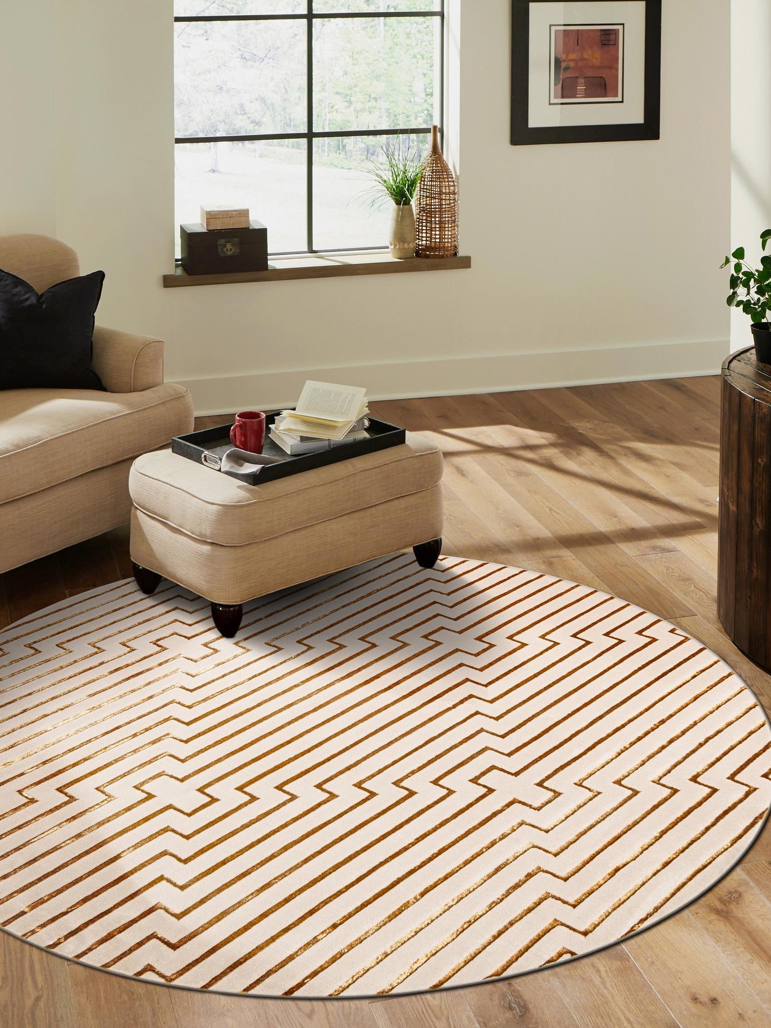 White and Gold 3' 1 x 3' 1 Vogue Geo Round Area Rug Geometric Glam Style Shiny Accents Carpet Mat for Unique Interior Design & Home Decor for Sale at Rug Engine