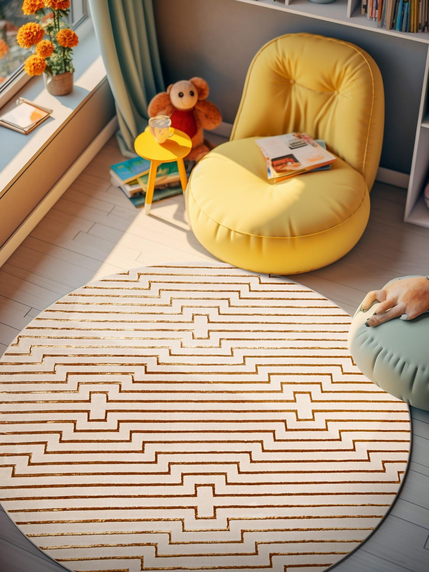 White and Gold 10' x 10' Vogue Geo Round Area Rug Geometric Glam Style Shiny Accents Carpet Mat for Unique Interior Design & Home Decor for Sale at Rug Engine