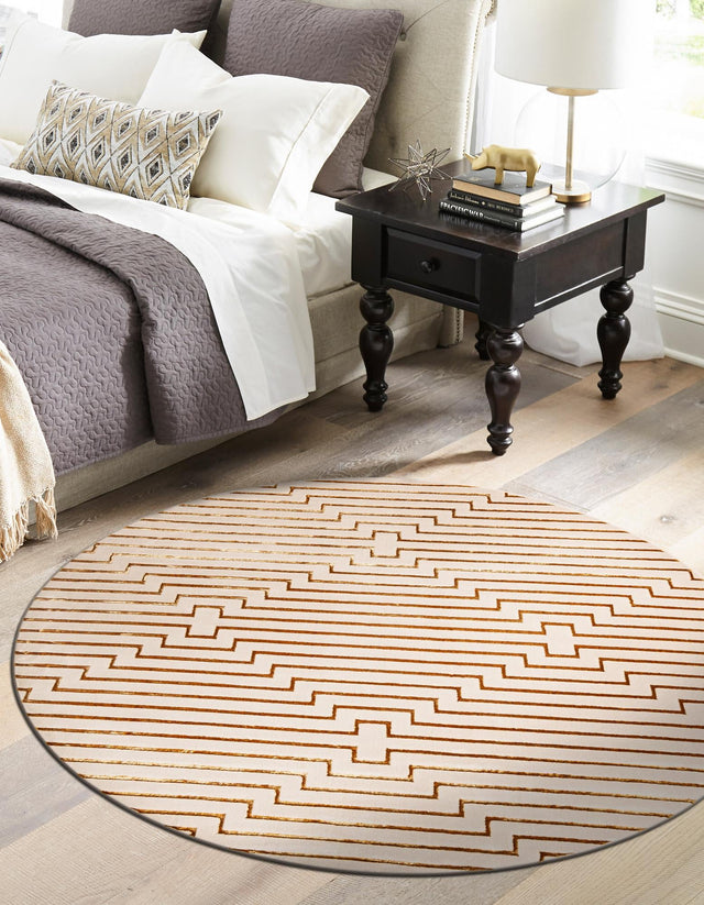 White and Gold 6' 1 x 6' 1 Vogue Geo Round Area Rug Geometric Glam Style Shiny Accents Carpet Mat for Unique Interior Design & Home Decor for Sale at Rug Engine