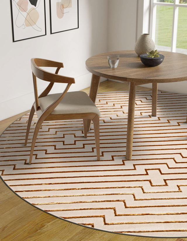 White and Gold 6' 1 x 6' 1 Vogue Geo Round Area Rug Geometric Glam Style Shiny Accents Carpet Mat for Unique Interior Design & Home Decor for Sale at Rug Engine