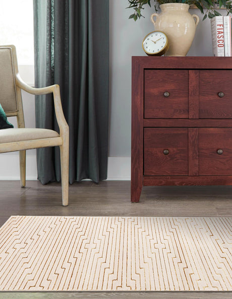 White and Gold 2' x 6' 1 Vogue Geo Runner Area Rug Geometric Glam Style Shiny Accents Carpet Mat for Unique Interior Design & Home Decor for Sale at Rug Engine